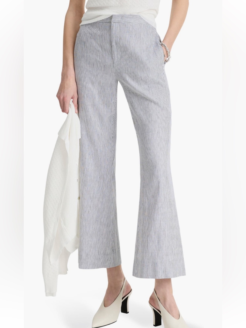 Vince Ticking Stripe Crop Flare Linen & Cotton Pants - Blue